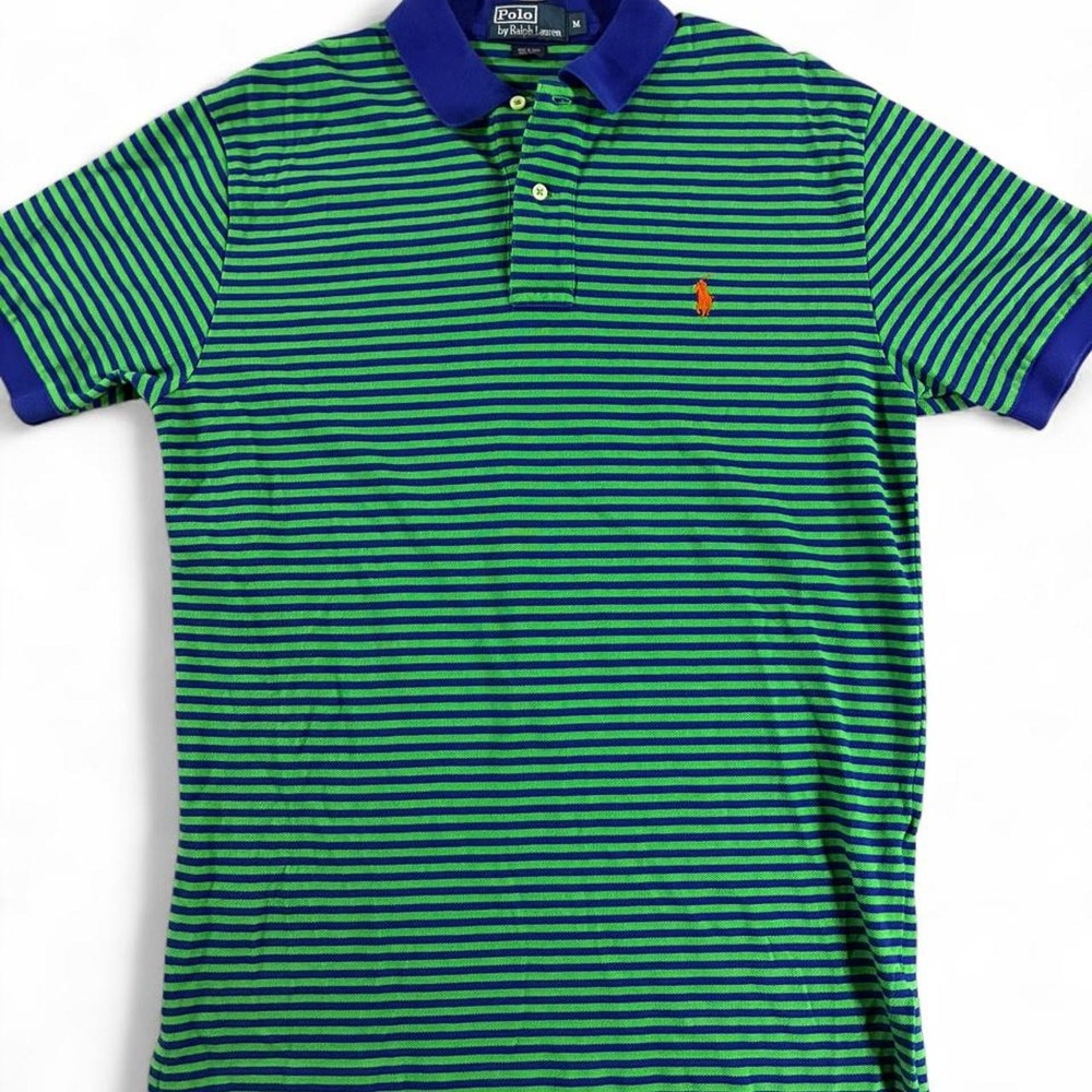 VTG / Y2K Polo Ralph Lauren Green & Blue Horizontal Striped Polo Pique Shirt. M